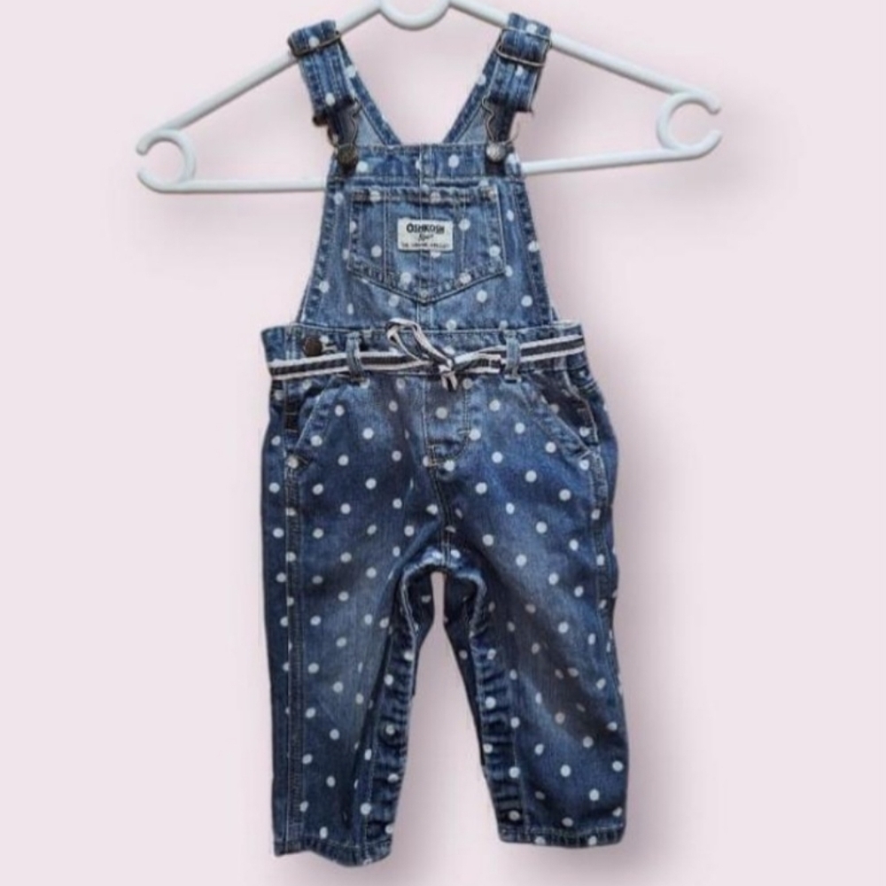OshKosh B'Gosh Denim Overalls Baby size 12 Months Polka Dots Blue